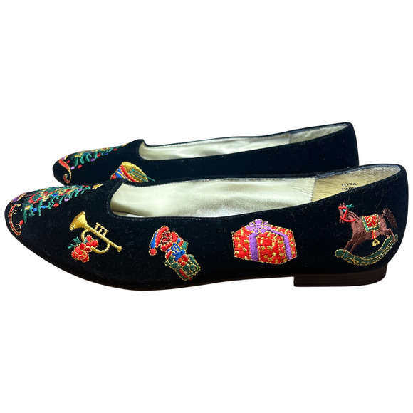 Vtg DONNA LAWRENCE Toya Women 7M Black Velvet Christmas Slip On Shoes XMAS Flats - Picture 5 of 16